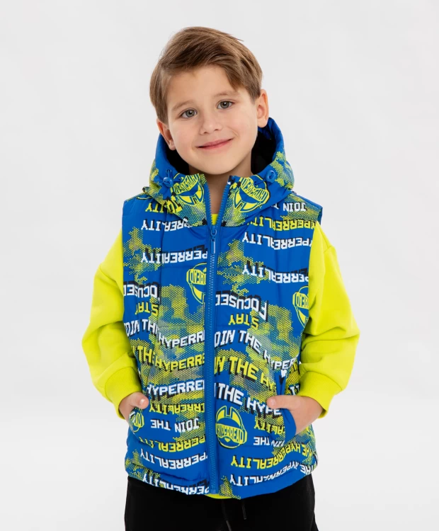фото Жилет утепленный с капюшоном стёганный с принтом для мальчика button blue (110)