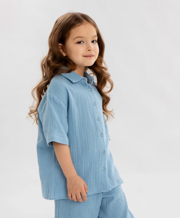 фото Рубашка с коротким рукавом голубая для девочки button blue (110)