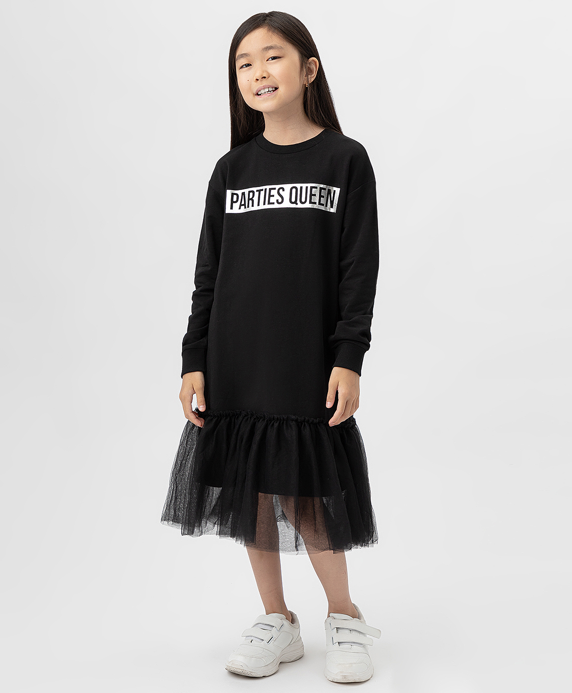 фото Платье трикотажное с пышной сетчатой юбкой черное button blue