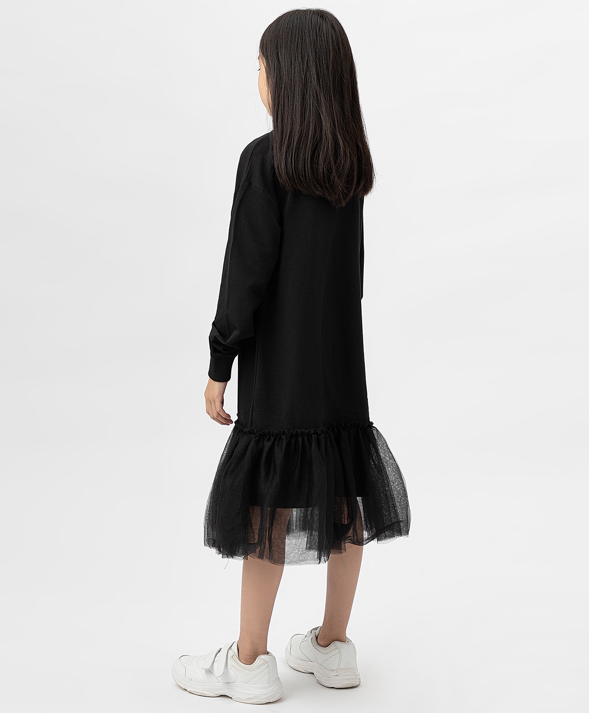 фото Платье трикотажное с пышной сетчатой юбкой черное button blue