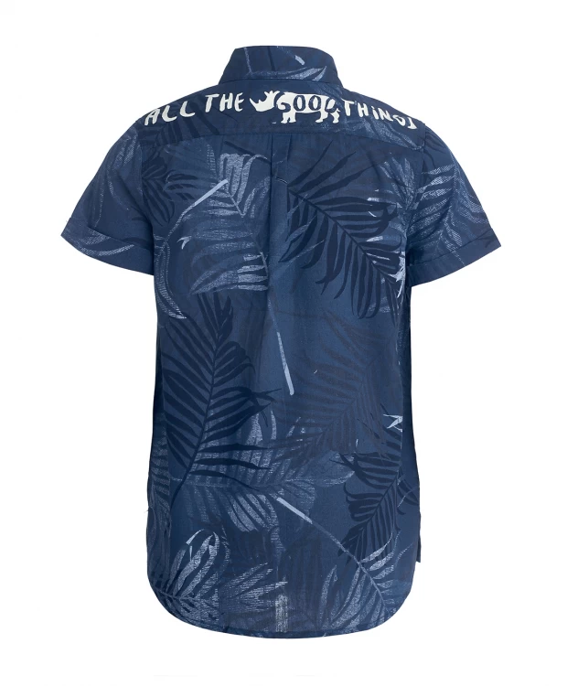 фото Синяя рубашка с орнаментом пальмы button blue (104)