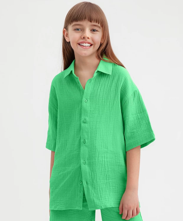 Рубашка муслиновая с коротким рукавом зеленая Button Blue рубашка оверсайз с коротким рукавом button blue