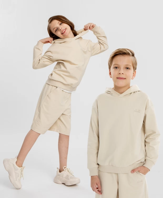 фото Худи оверсайз с капюшоном бежевое детское button blue (152)