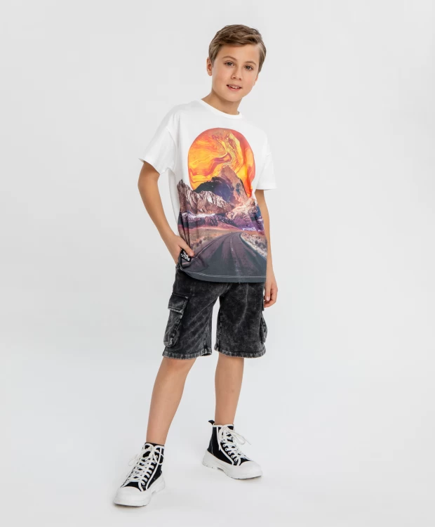 фото Футболка с принтом бежевая для мальчика button blue (158)