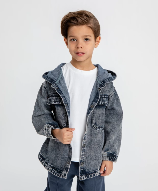 Куртка джинсовая с капюшоном с принтом серая для мальчика Button Blue