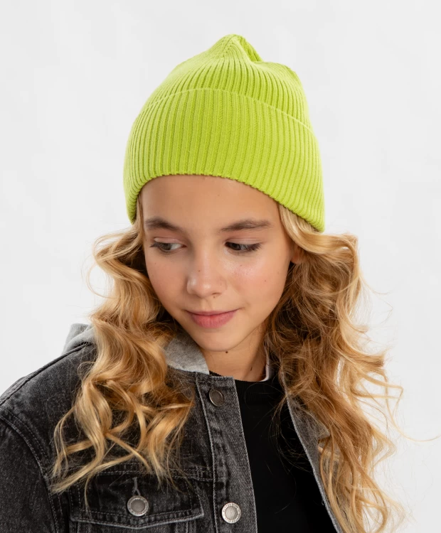 фото Шапка бини с подворотом салатовая детская button blue (52)