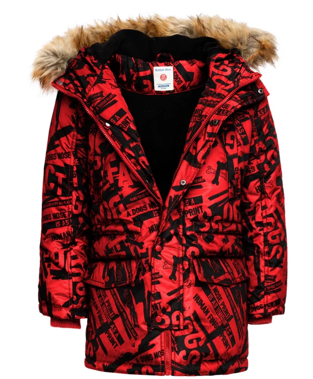 фото Красное зимнее пальто с орнаментом button blue (110)