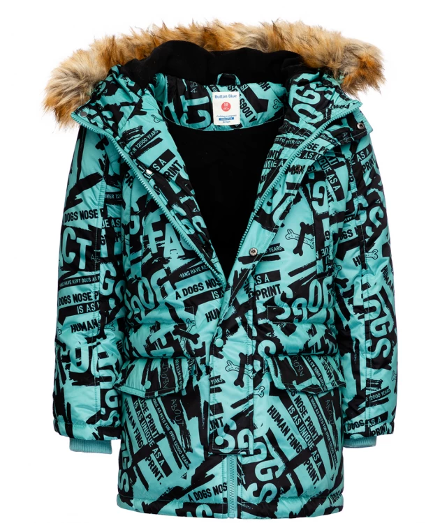 фото Зеленое зимнее пальто с орнаментом button blue (116)