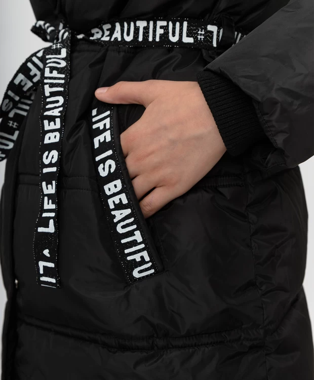 фото Черное зимнее пальто с поясом button blue (152)