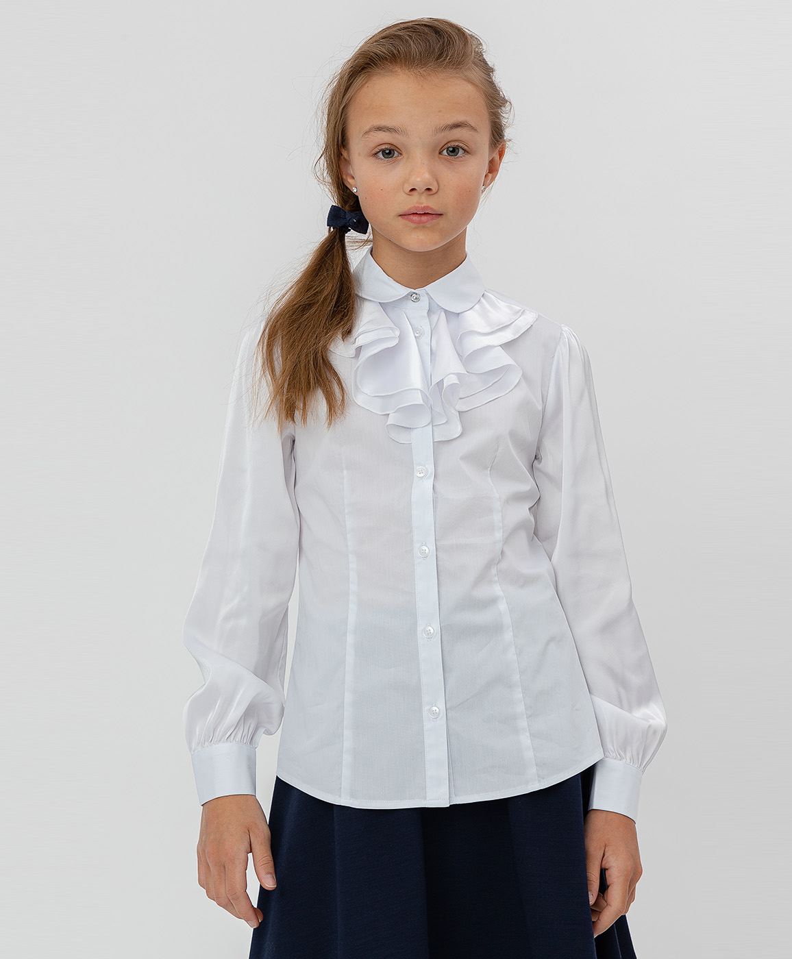 Белая блузка с шифоновым жабо Button Blue 220BBGS22100200, размер 140, цвет белый