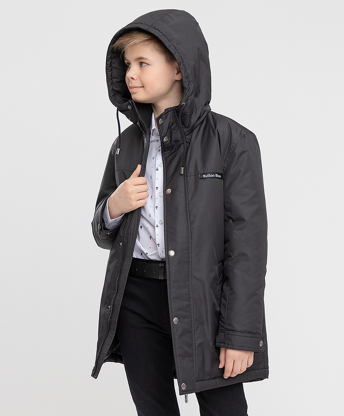 фото Пальто черное с капюшоном button blue