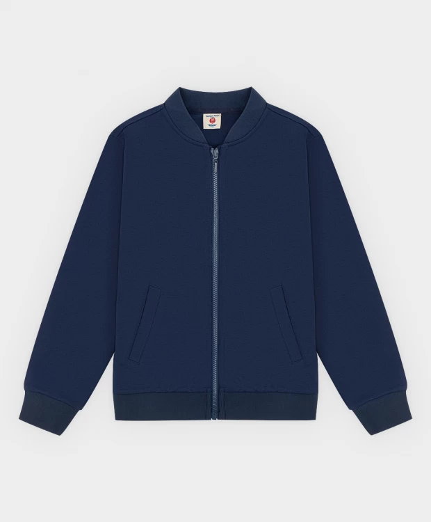 фото Толстовка (бомбер) на молнии без капюшона из плотного трикотажа синяя button blue (140)