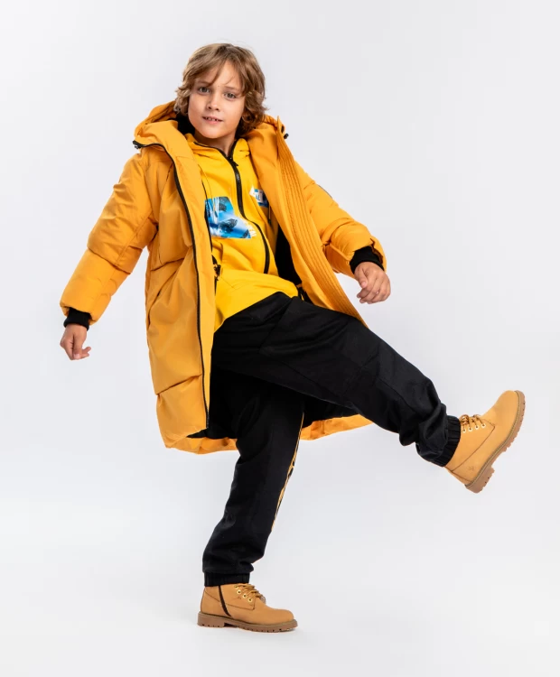 фото Пальто зимнее с капюшоном желтое button blue (152)